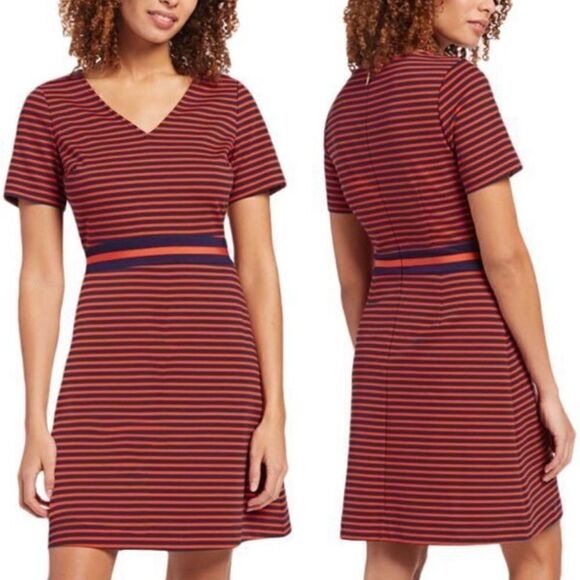 Draper James Stripe Ponte Knit A-Line Dress
V-Neck Stretch Nassau Navy and Red - Picture 1 of 8